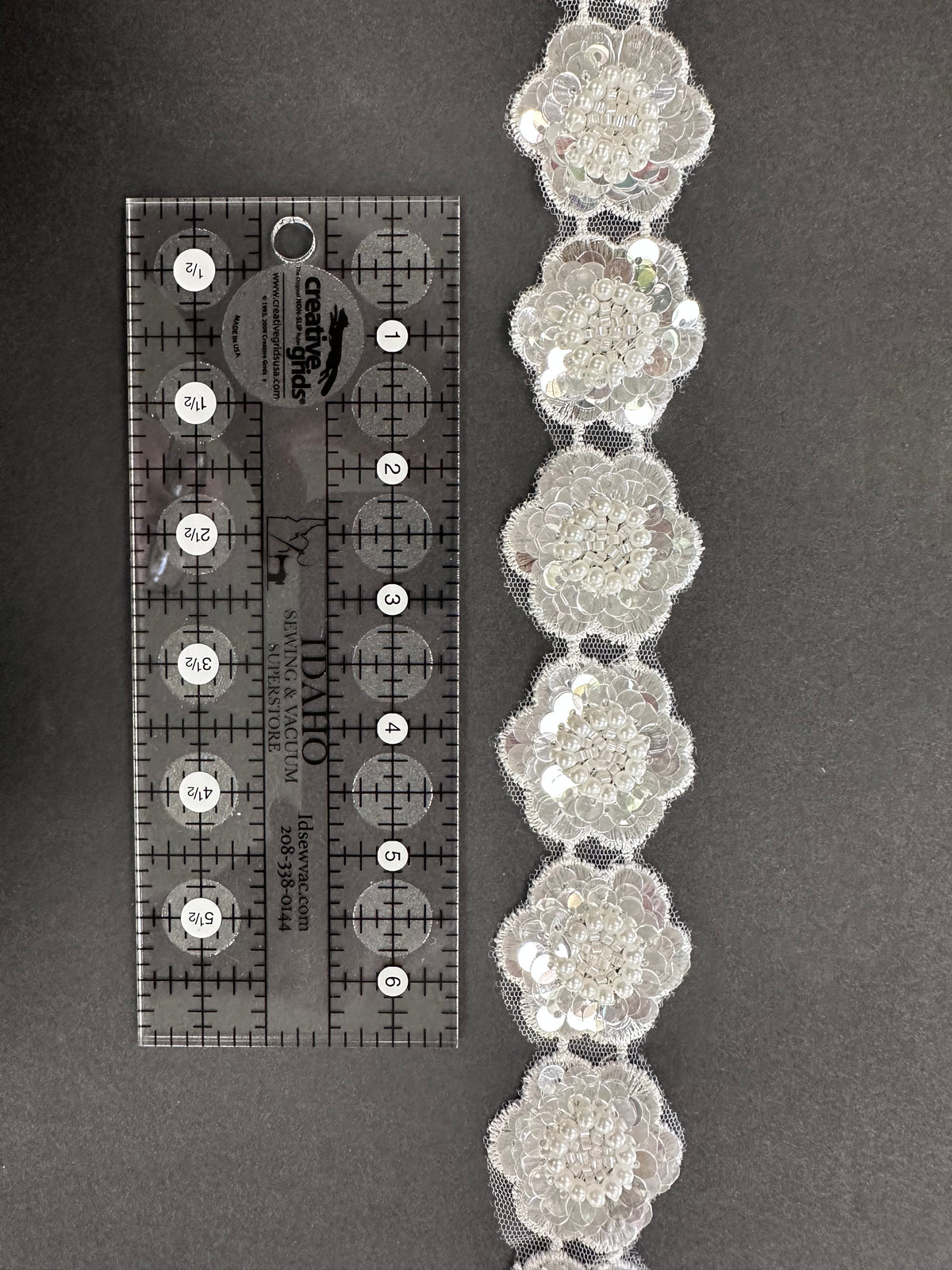 Sequin and Bead Flower Trim White