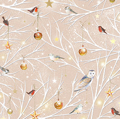 Taupe Birds/Ornaments on a Branch- Woodland Wonder Flannel