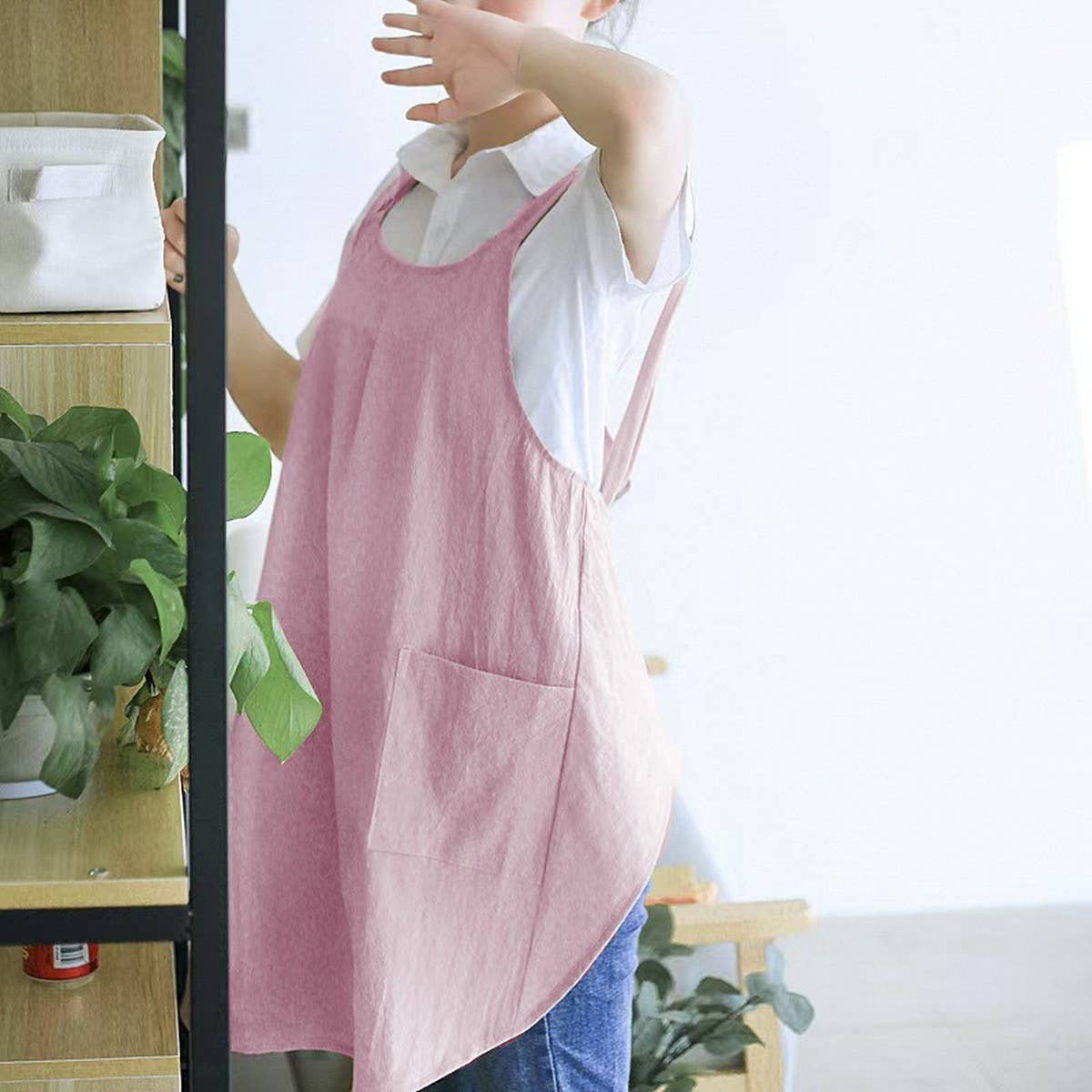 CWAB3993_COTTON AND LINEN SOLID COLOR TIE-FREE WORK APRON