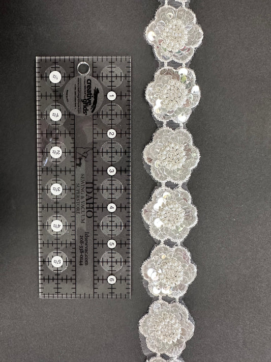 Sequin and Bead Flower Trim White