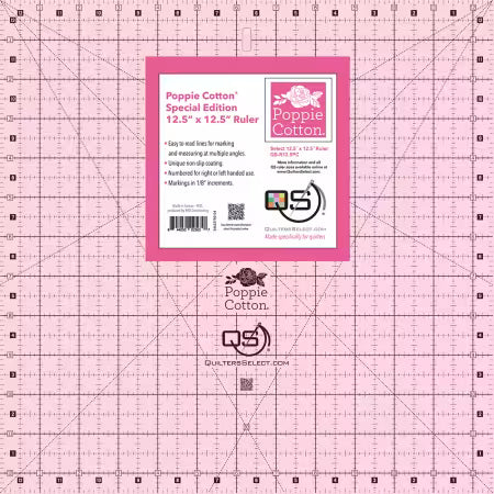 Quilter's Select Pink Poppie Cotton Non-Slip Ruler 12-1/2in x 12-1/2in