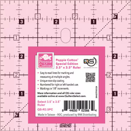 Quilter's Select Pink Poppie Cotton Non-Slip Ruler 3-1/2in x 3-1/2in