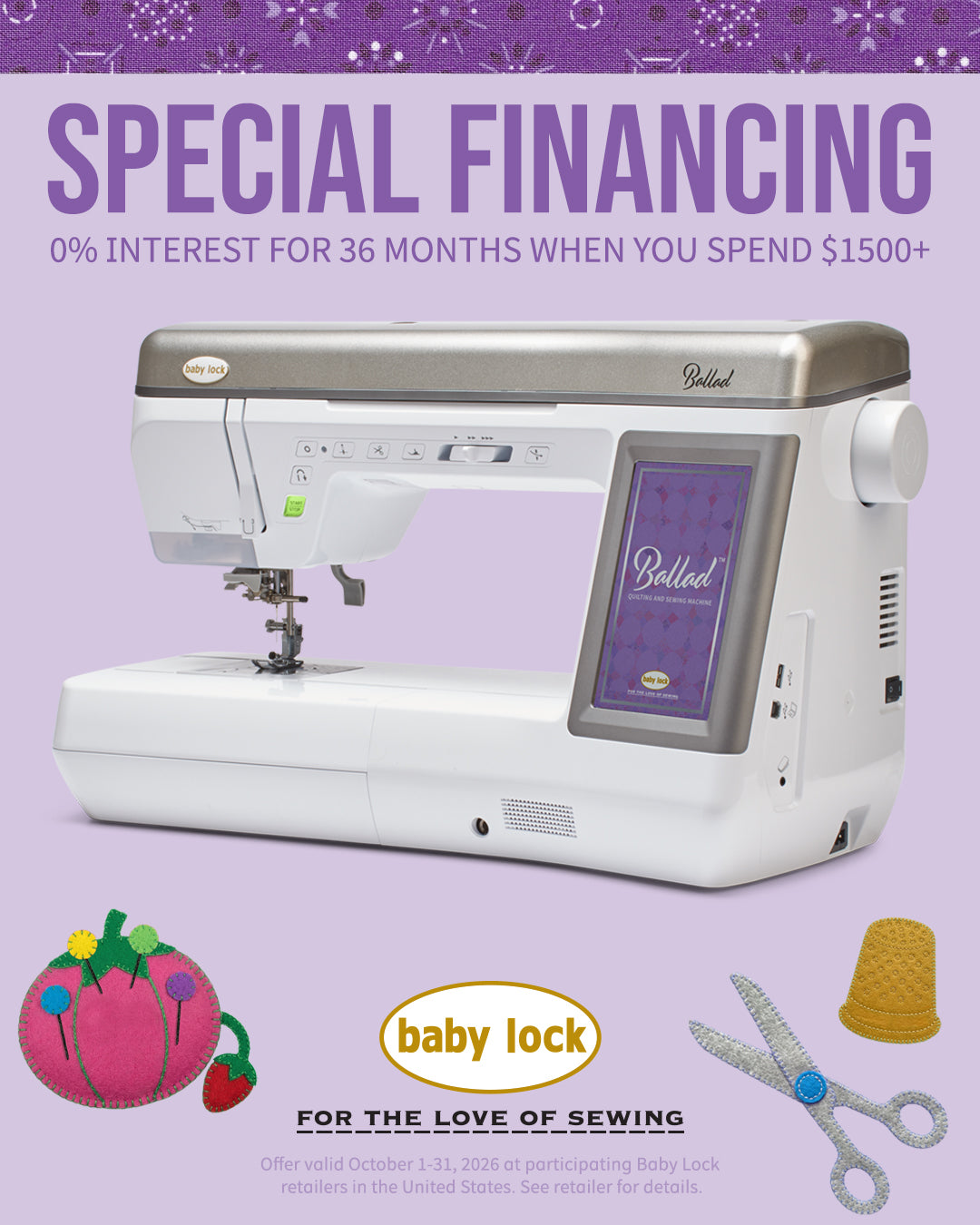 Baby Lock 36-month special financing for October 2026