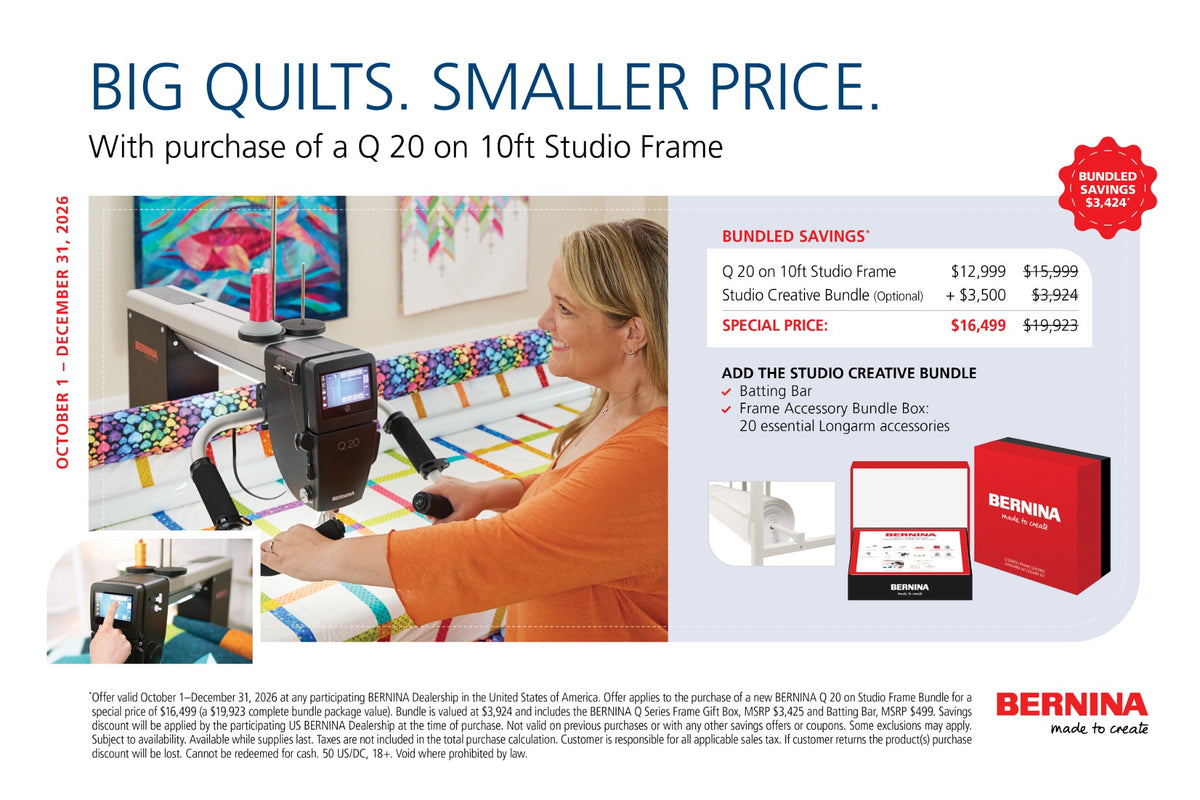 BERNINA Q 20 on Studio Frame special price, October 1 through December 31, 2026