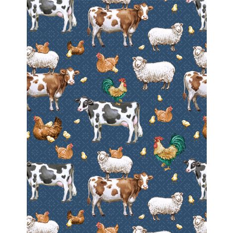 Animals All Over Blue- Friendly Farmstead