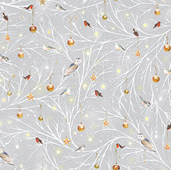 Gray Birds/Ornaments on a Branch- Woodland Wonder Flannel