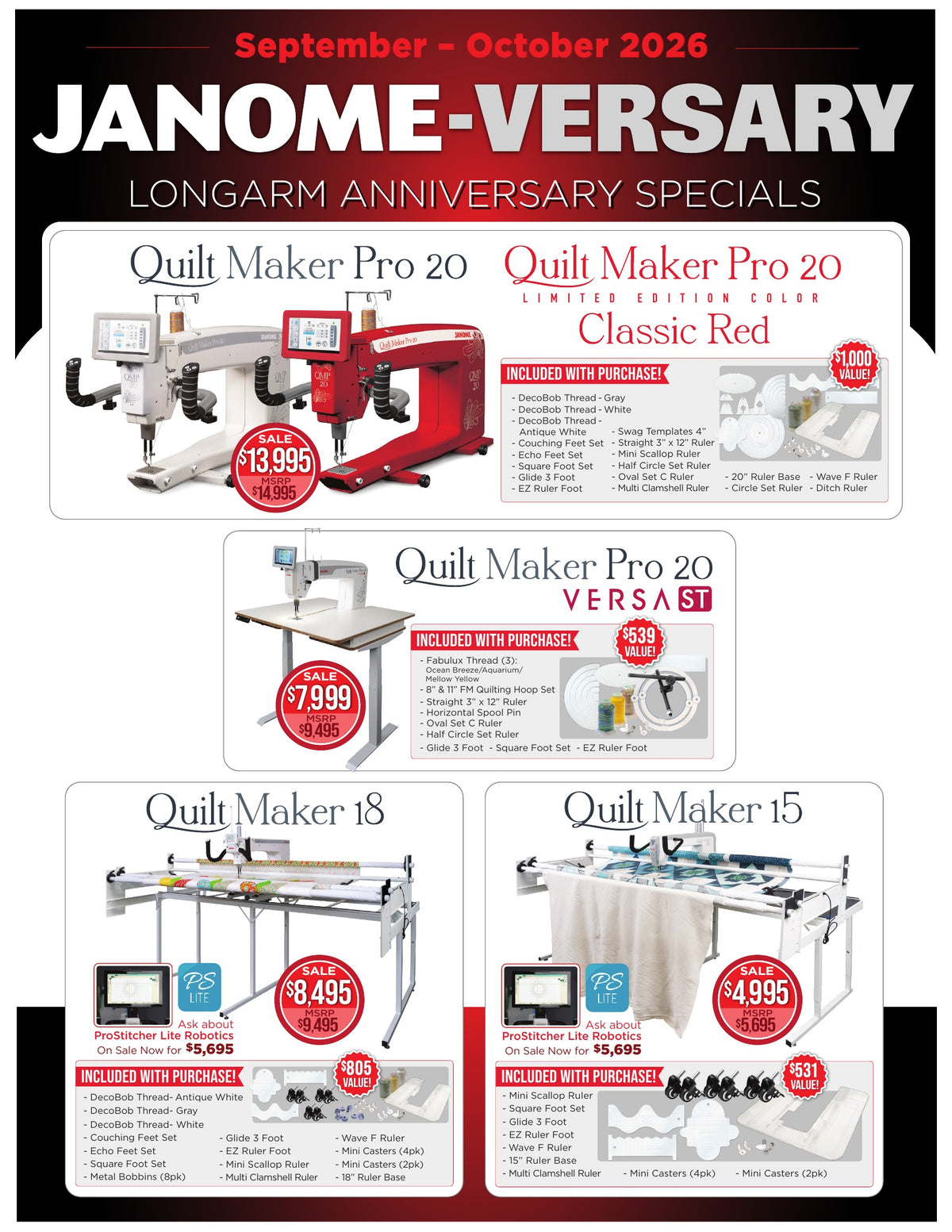 Janome-versary September and October 2026 longarm anniversary specials