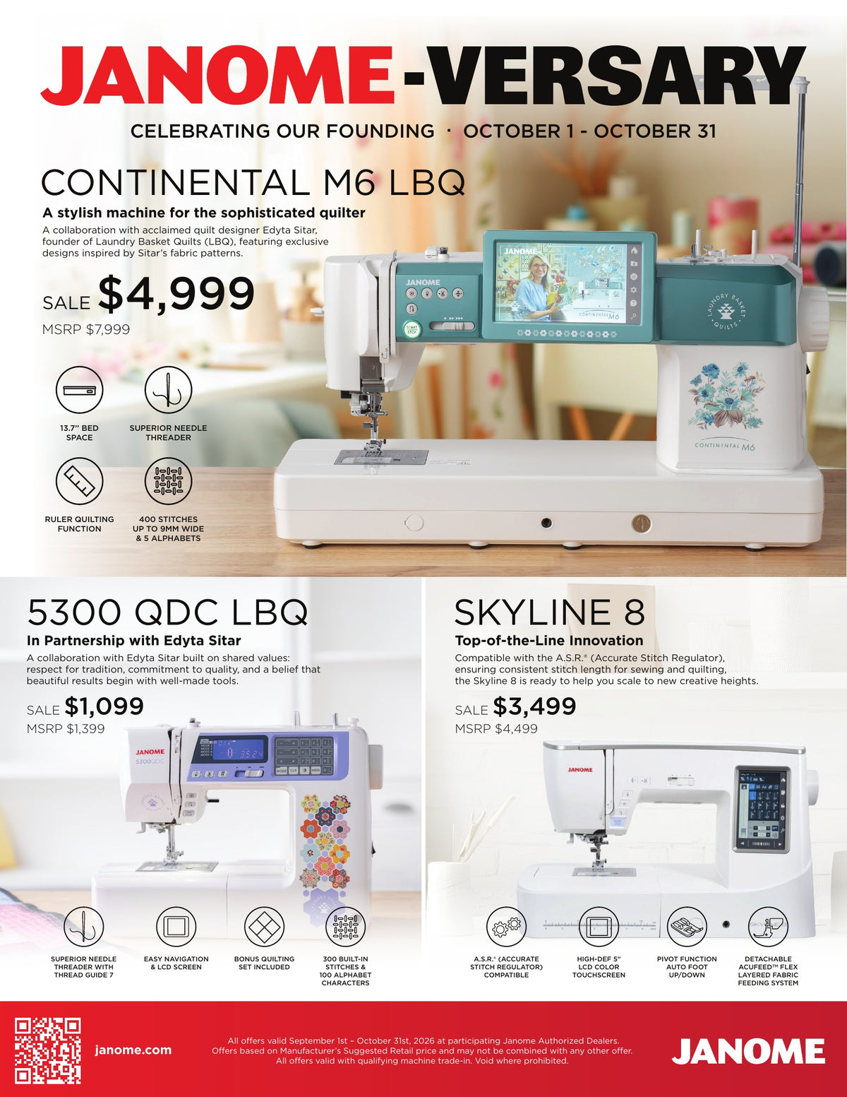 Janome-versary October 2026 promotions: Continental M6 LBQ, 5300 QDC LBQ and Skyline 8