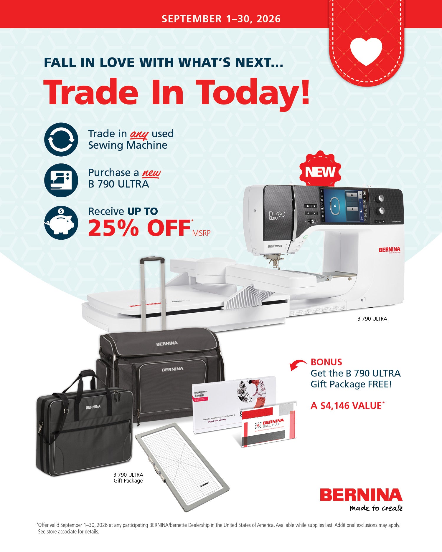 Trade in any machine towards the Bernina 790 Ultra and get 25% off and a gift bundle