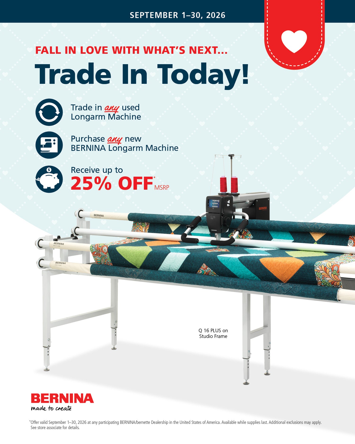 Trade in any longarm for up to 25% off a Bernina longarm